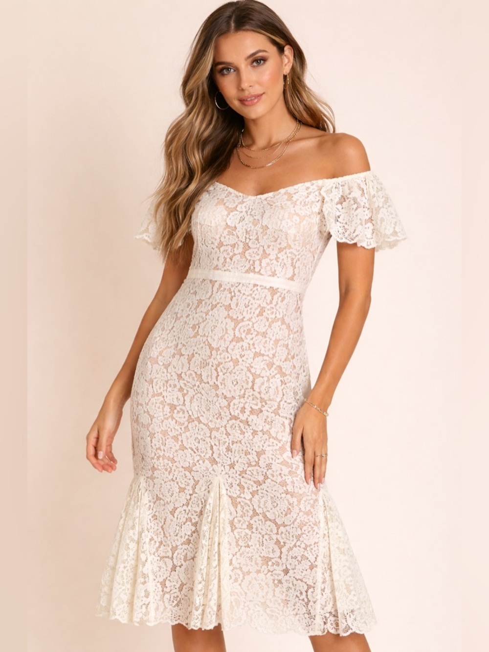 Just Me Cream Lace Off-Shoulder Midi Dress